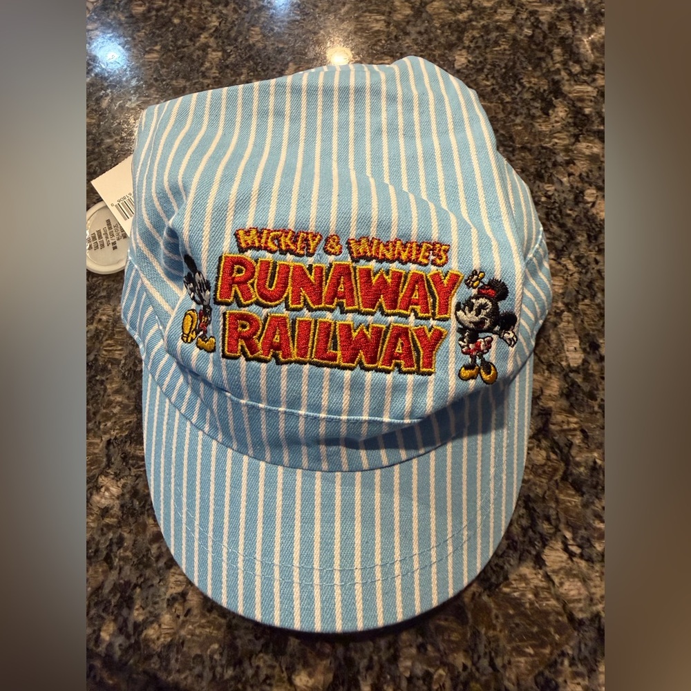 Mickey & Minnie’s Runaway Railway-Blue & White Striped Cap. New,never used.$6